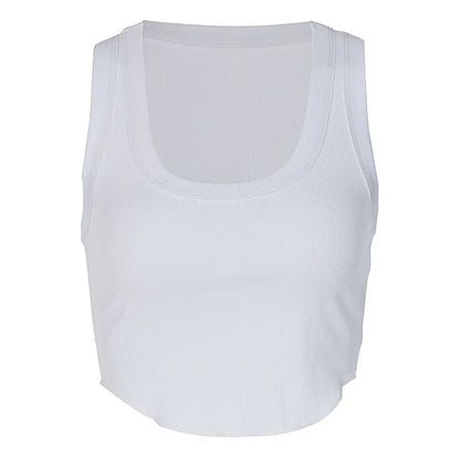 White ribbed crop tank square neckline detail