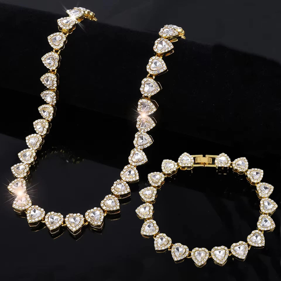 Gold Ice heart tennis chain and bracelet set