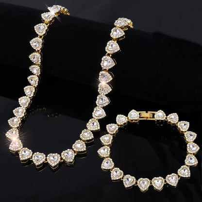 Gold Ice heart tennis chain and bracelet set