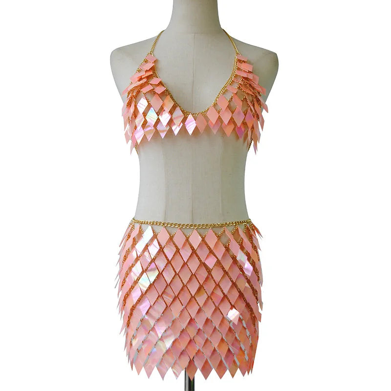 Peach Fizz sequin scale top and skirt set