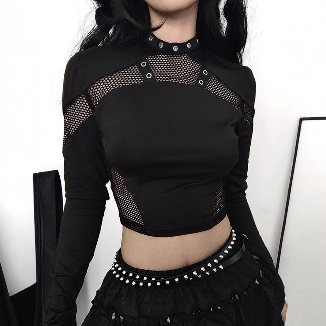 Black fishnet panel long sleeve crop top, front