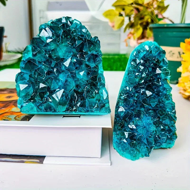 Two aura crystal clusters shown side by side