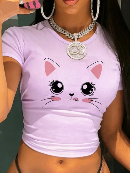 Kawaii cat crop tee in lilac