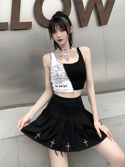 Full length styling of the punk crop tank and cross print skirt
