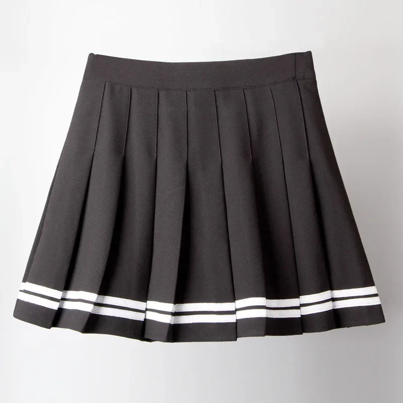 Charcoal pleated mini skirt with white uniform stripes