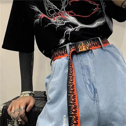 Orange flame belt styled with baggy denim