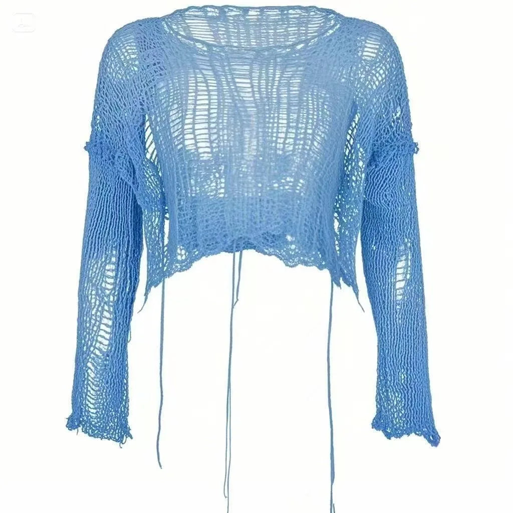 Light blue shredded knit crop sweater, front