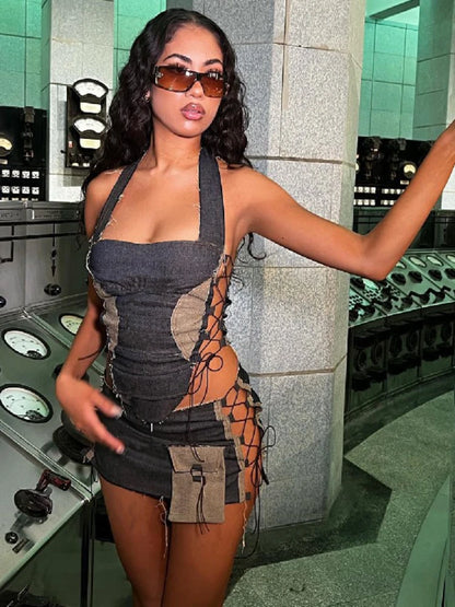 Denim halter and mini skirt set styled with sunglasses