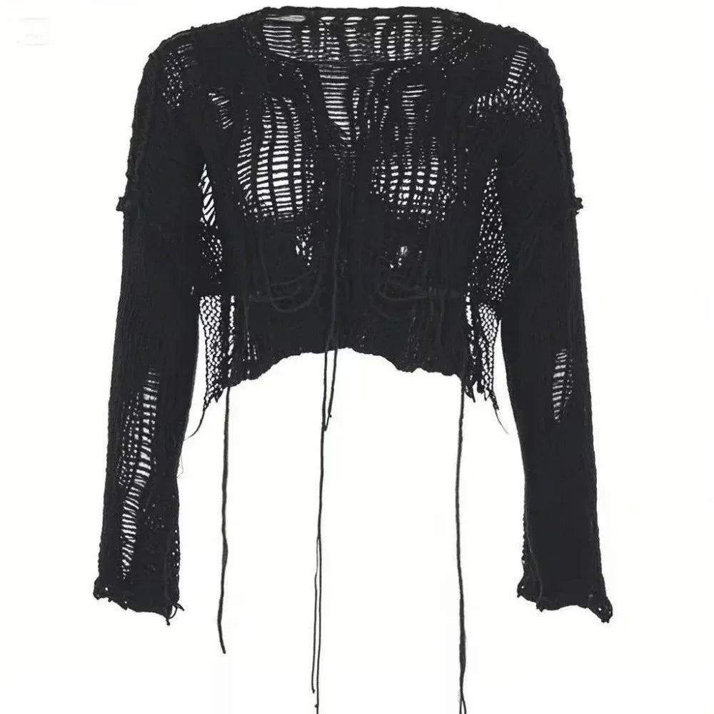 Black shredded knit crop sweater laid flat, front