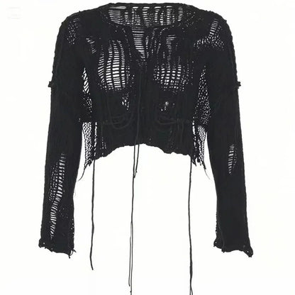 Black shredded knit crop sweater laid flat, front