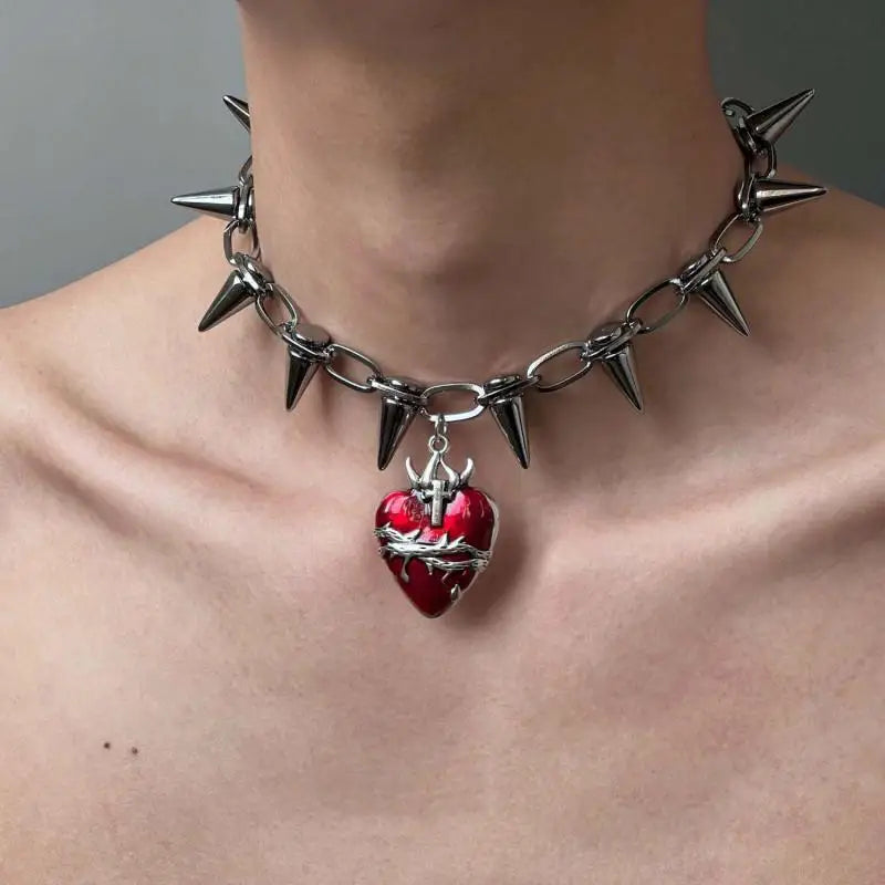 Thorn Red Heart Spiked Choker