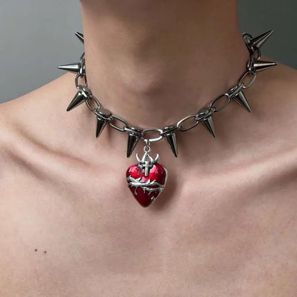 Thorn Red Heart Spiked Choker
