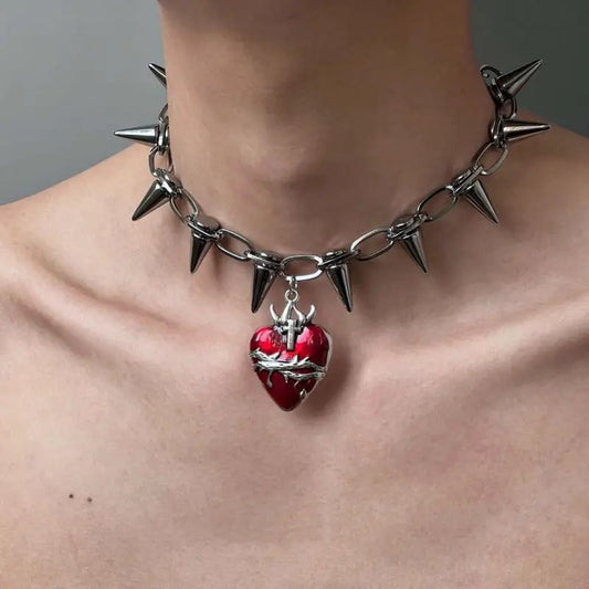 Thorn Red Heart Spiked Choker