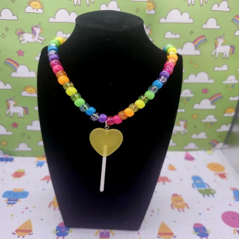 Lemon Drop lollipop heart kandi necklace