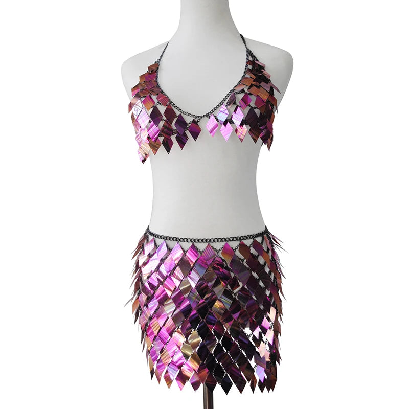 Rose Red sequin scale top and skirt set