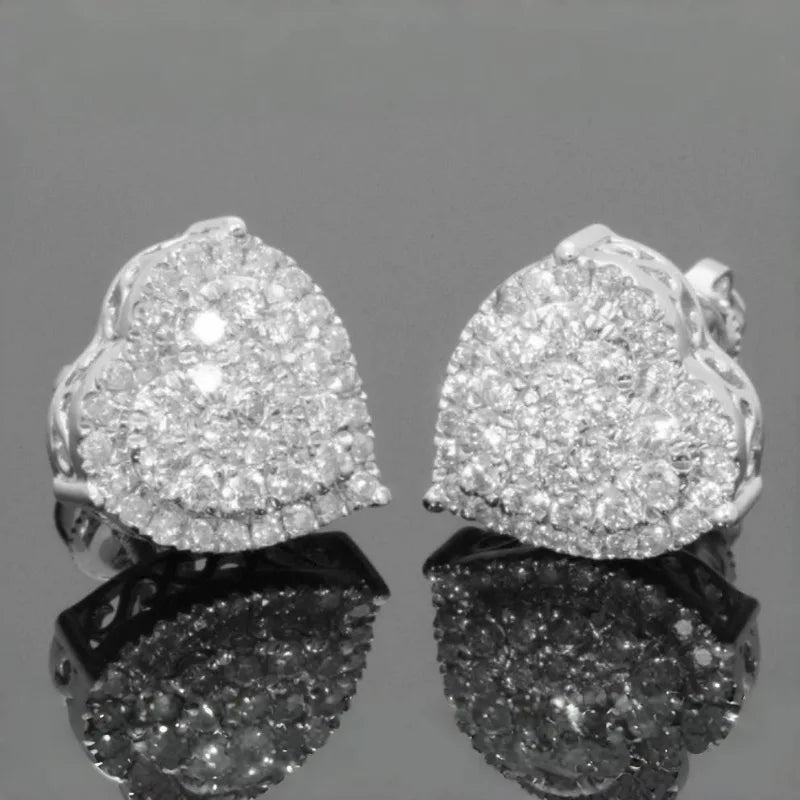 Heart cluster crystal stud earrings silver