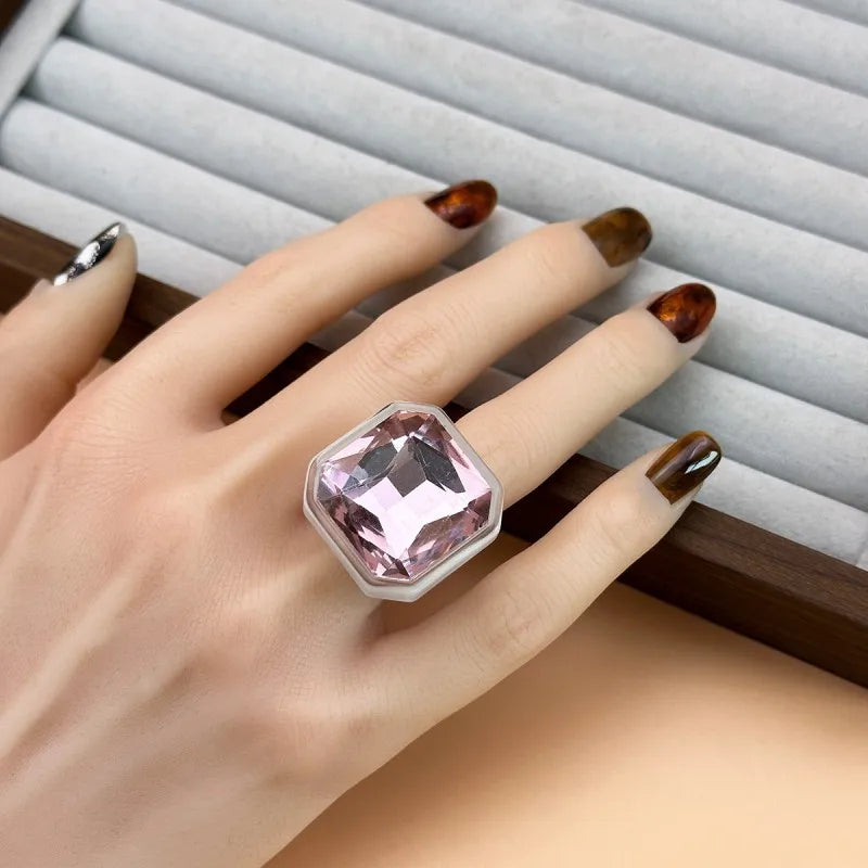 Rose Quartz pale pink faceted cocktail ring worn