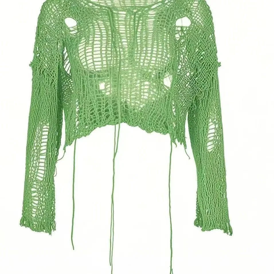 Bright green shredded knit crop sweater, front