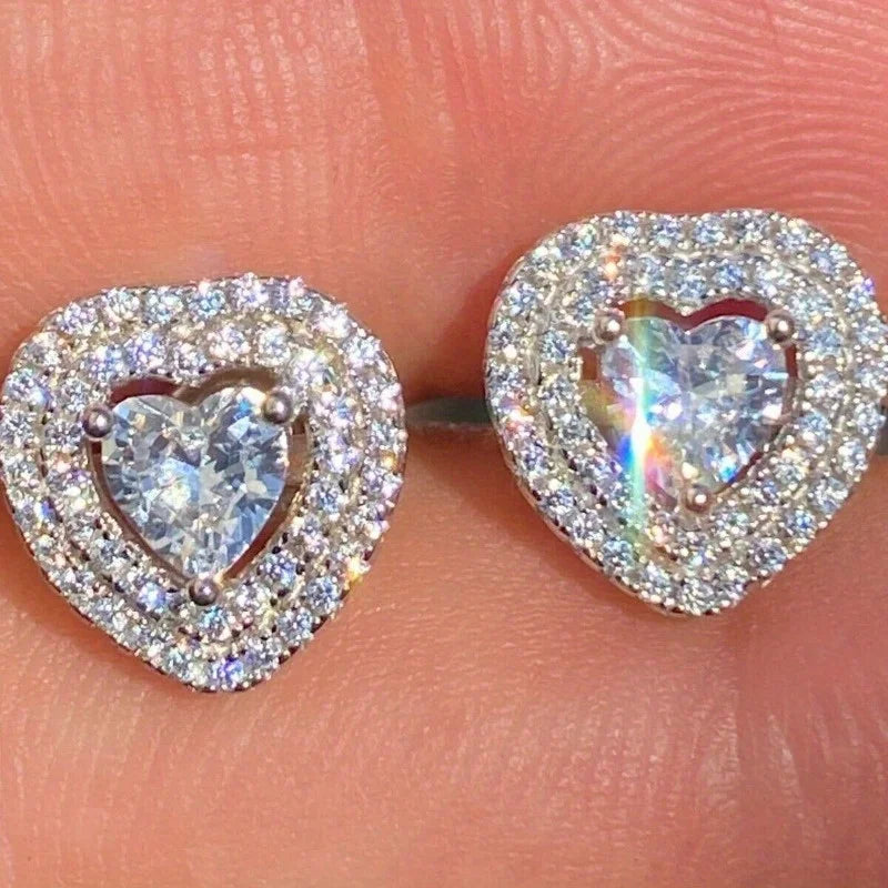 Heart halo crystal stud earrings silver
