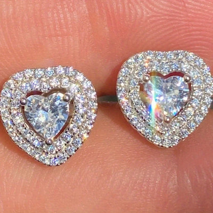 Heart halo crystal stud earrings silver