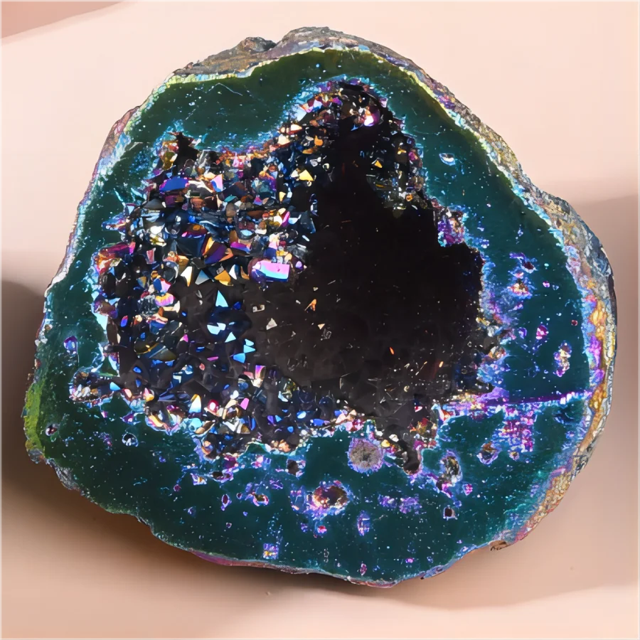 Dark teal aura agate geode crystal pocket