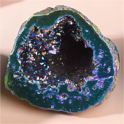 Dark teal aura agate geode crystal pocket