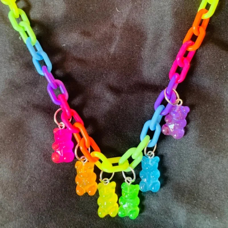 Rainbow bear chain necklace worn
