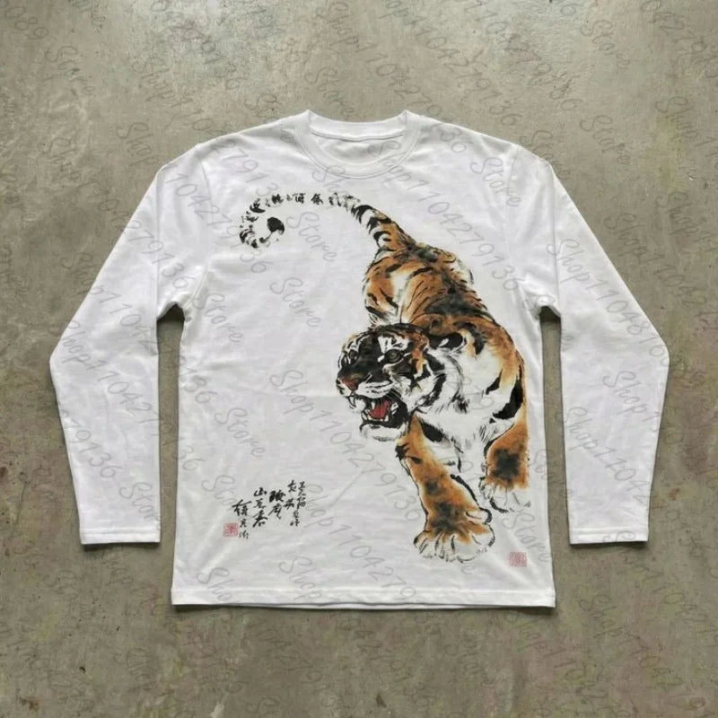 White long sleeve tee with an ink brush tiger print