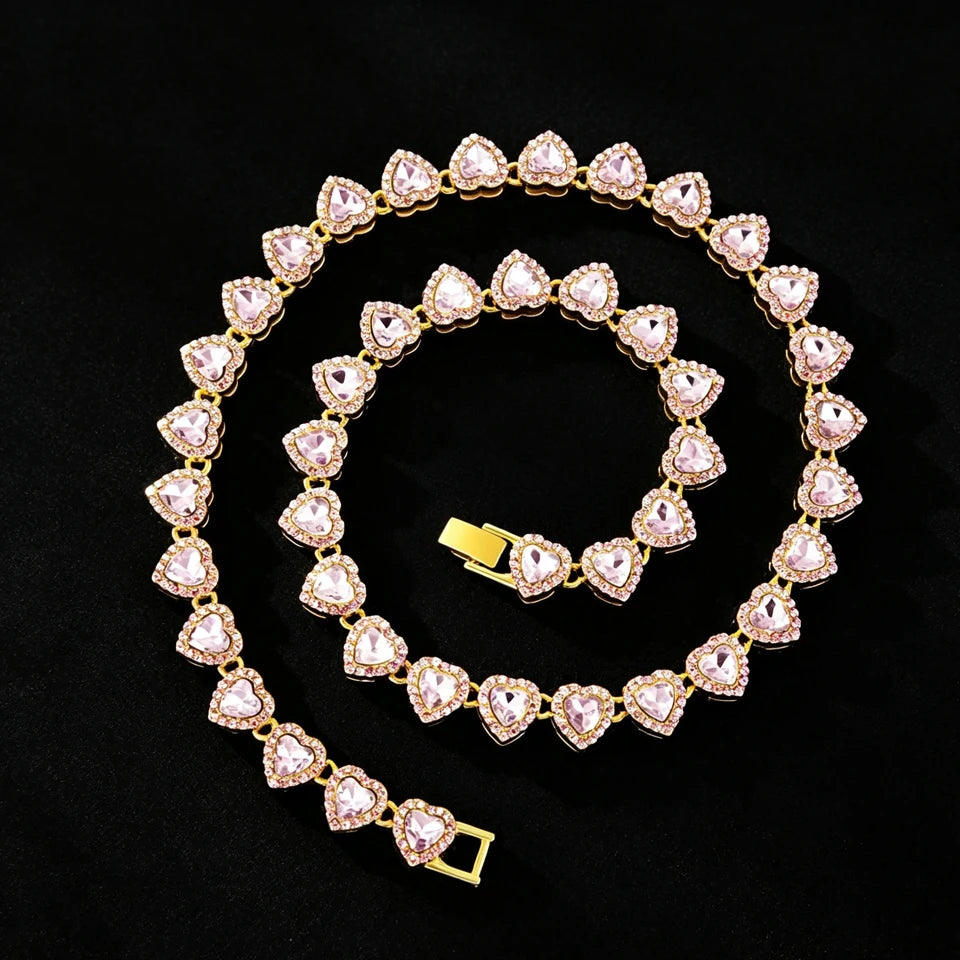 Pink on Gold heart tennis chain