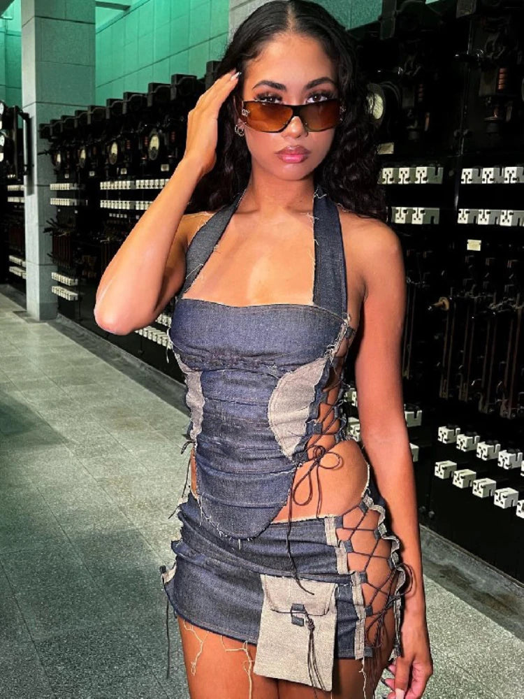 Lace-up denim two piece set full length
