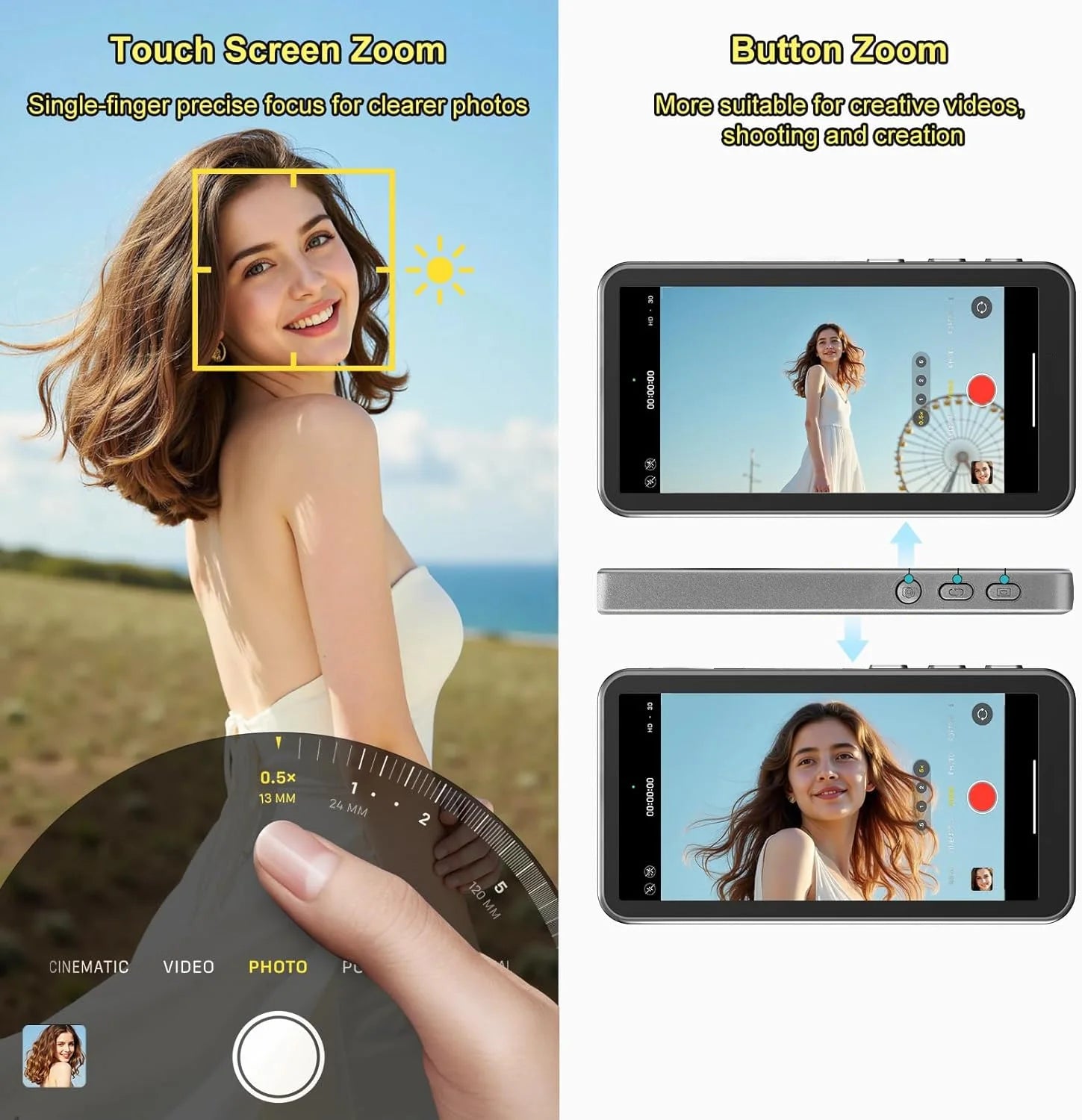 Touch screen zoom and physical button zoom on the selfie display