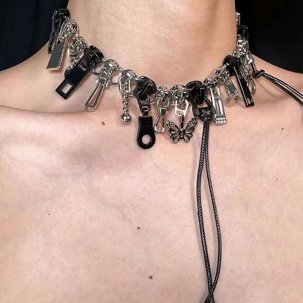 Charm and zipper choker with cord tie
