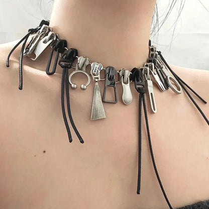 Zipper pull choker worn at the throat