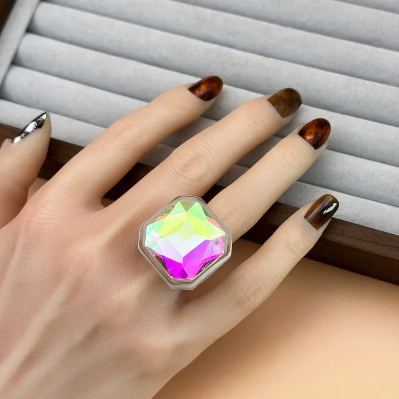 Oil Slick iridescent faceted cocktail ring worn