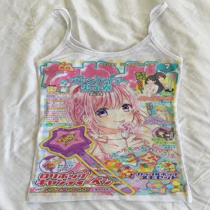 White cami tank with retro anime magazine cover print