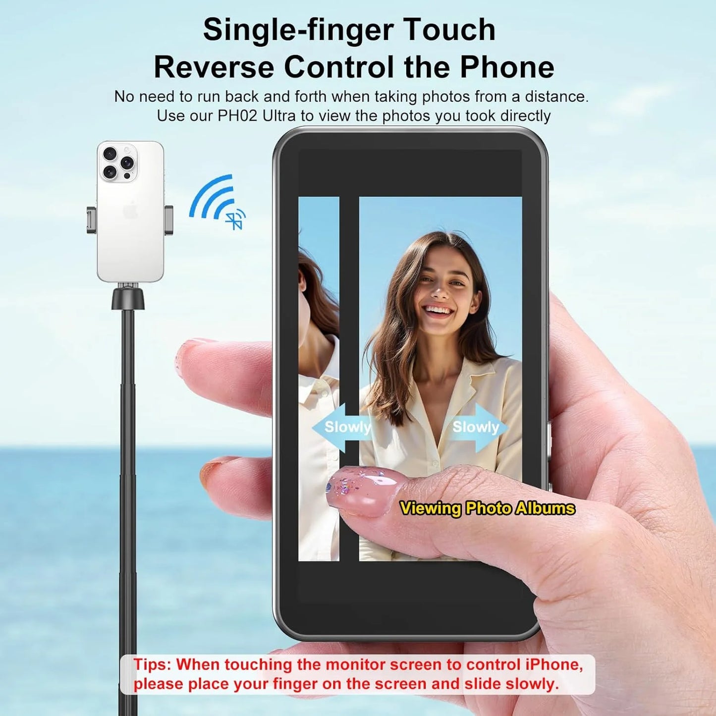 Single-finger touch control reaching back to drive the phone from the selfie screen