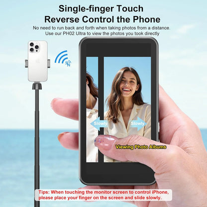 Single-finger touch control reaching back to drive the phone from the selfie screen