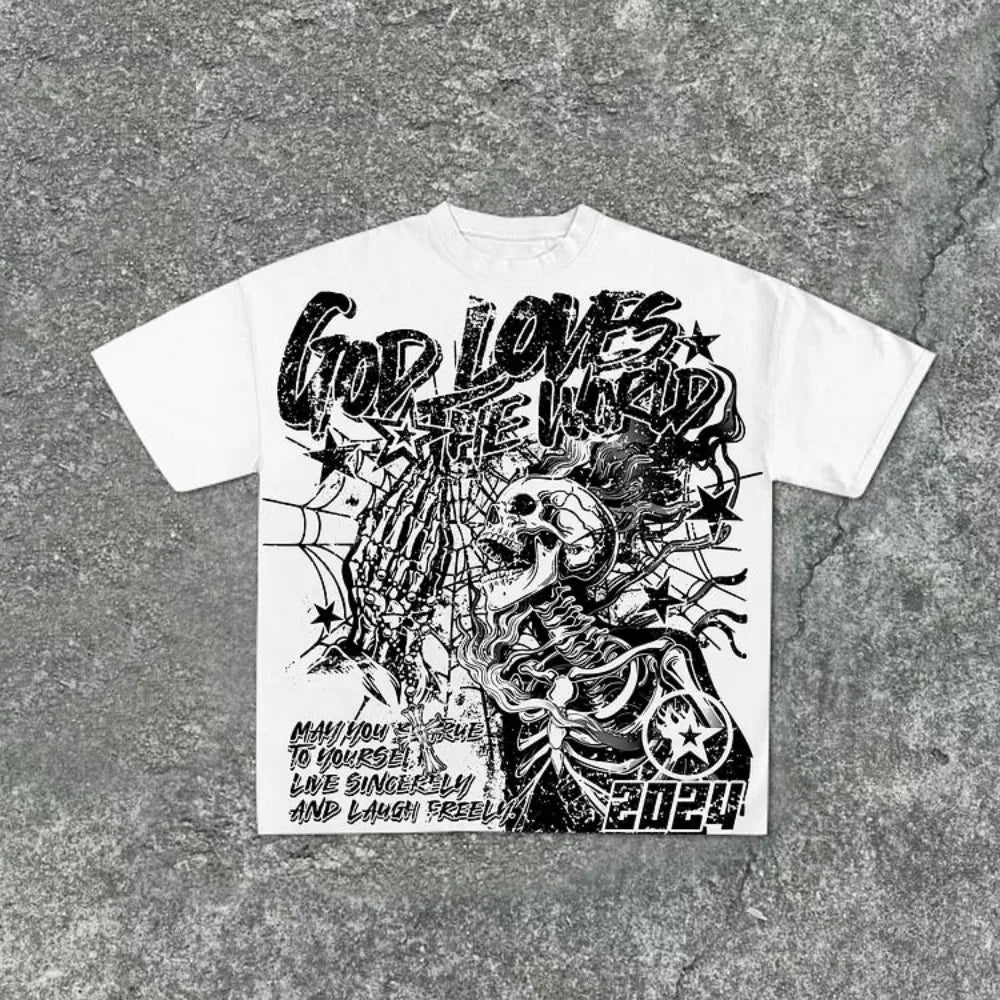 White Riot - God Loves the World acid-wash skeleton tee front