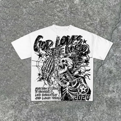 White Riot - God Loves the World acid-wash skeleton tee front