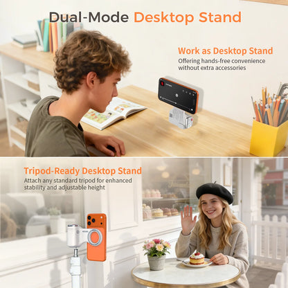 Doubles as a desktop stand and threads onto a standard tripod