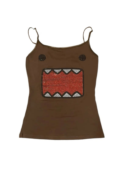 Brown rhinestone monster face cami front view