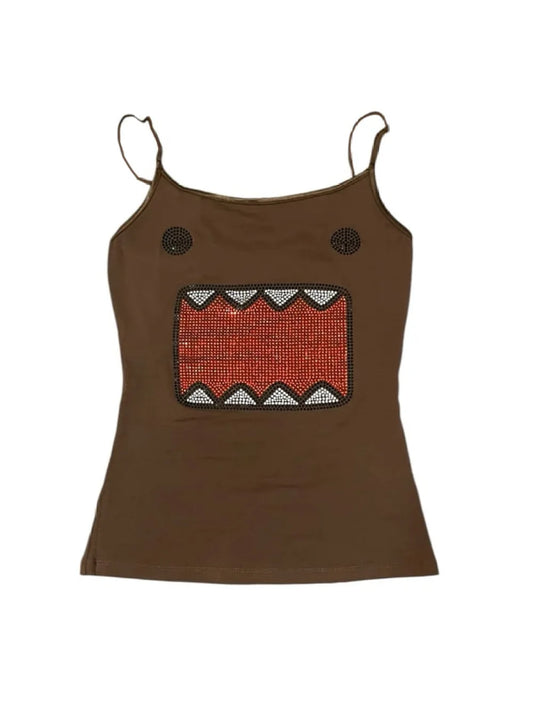 Brown rhinestone monster face cami front view
