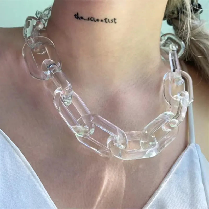 Flat lay of the clear acrylic choker showing the lobster clasp and extender