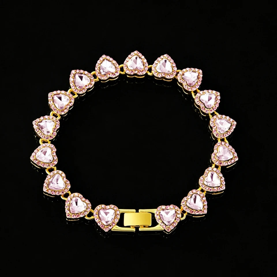 Pink on Gold heart tennis bracelet
