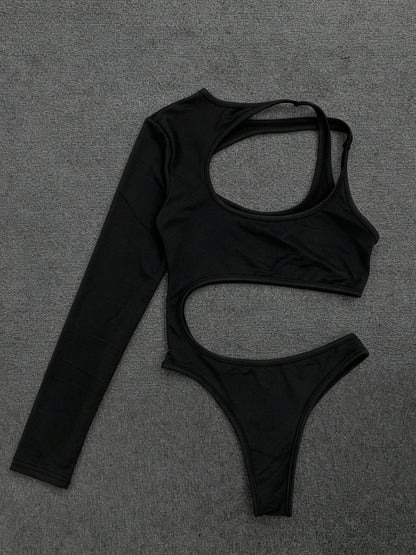 Black cutout bodysuit flat lay back