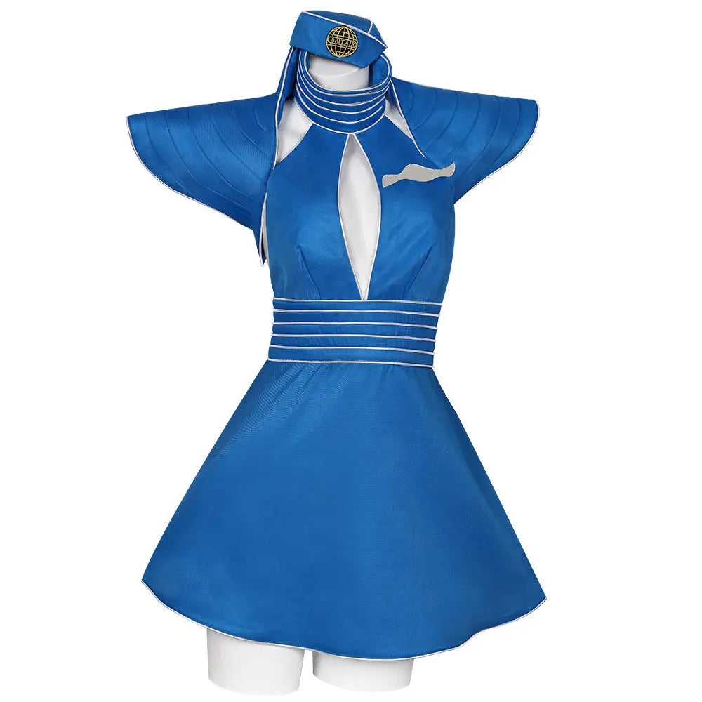 Blue flight attendant costume dress with hat and shawl, front view