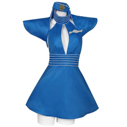 Blue flight attendant costume dress with hat and shawl, front view