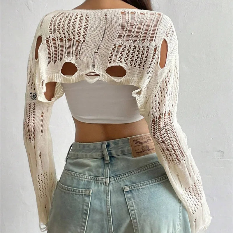 Bone cream cropped shrug sweater, back view
