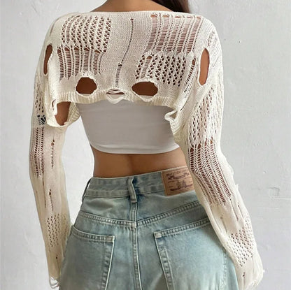 Bone cream cropped shrug sweater, back view
