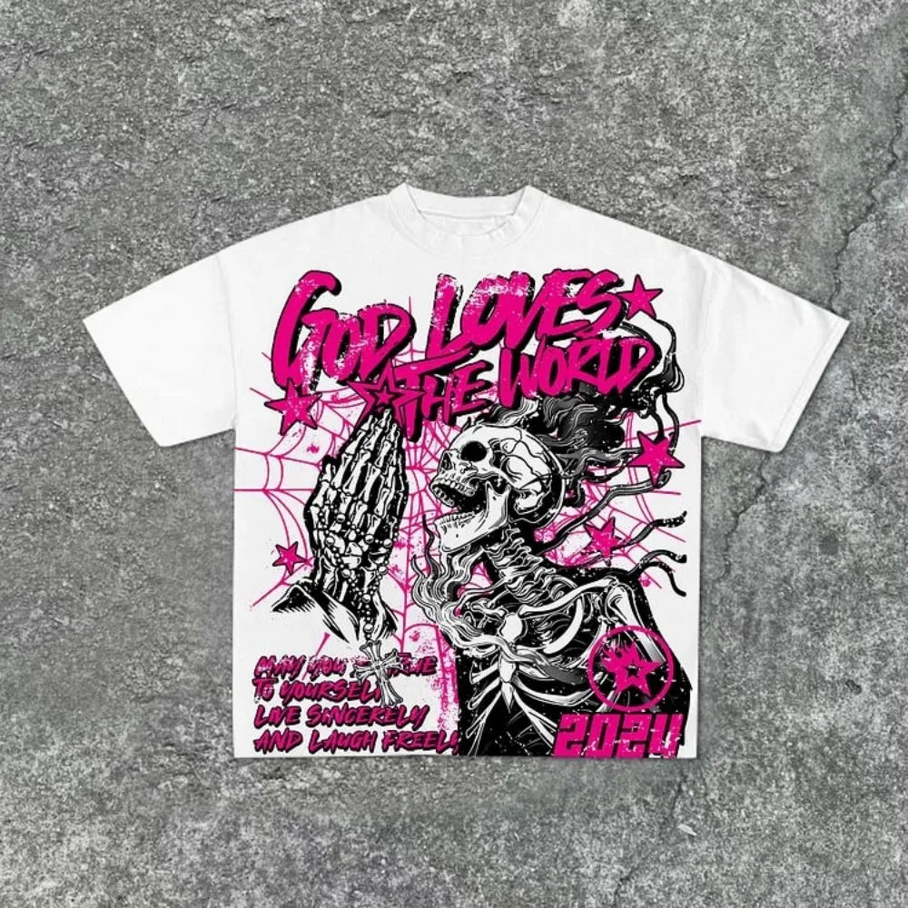 Pink Venom - white tee with hot pink skeleton print